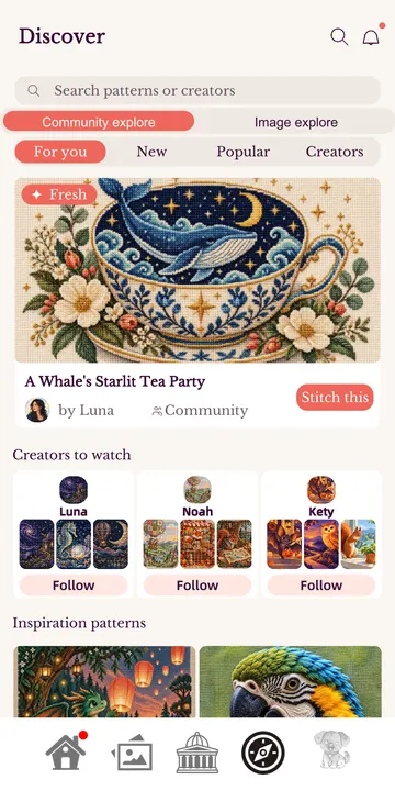 The Discover page in the app with community patterns and creators to follow