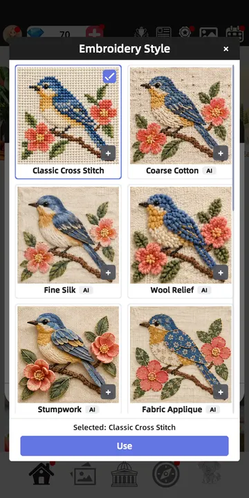 Embroidery style picker in the app showing a bluebird in Classic, Coarse Cotton, Fine Silk, Wool Relief, Stumpwork and Fabric Applique styles