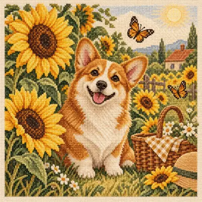 Sunflowers and a Corgi, a cross stitch artwork by Mia