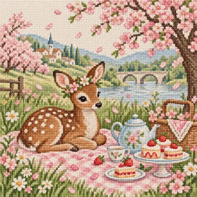 Deer Beneath the Cherry Blossoms, a cross stitch artwork by Mia