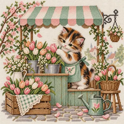 The Kitten's Tulip Shop, a cross stitch artwork by Mia