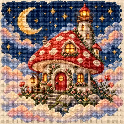 Mushroom Lighthouse in the Clouds, a cross stitch artwork by Noah