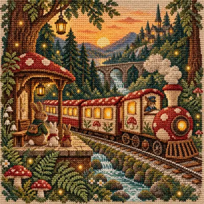 Mushroom Train, a cross stitch artwork by Noah