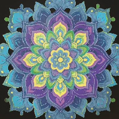 Rainbow Mandala, stitched in cross stitch