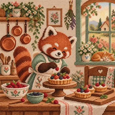 The Red Panda's Berry Pie, a cross stitch artwork by Mia