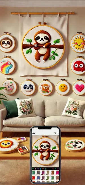 Finished embroidery hoops hung on a living room wall, with the same design on a phone