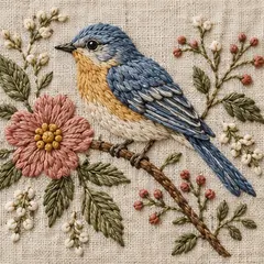 A bluebird on a flowering branch in the American Cottage embroidery style
