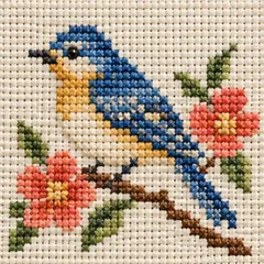 A bluebird on a flowering branch in the Classic embroidery style