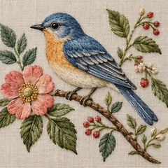 A bluebird on a flowering branch in the English Botanical embroidery style