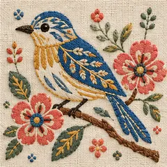 A bluebird on a flowering branch in the Folk Ornament embroidery style