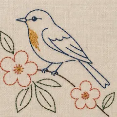 A bluebird on a flowering branch in the Modern Minimal embroidery style