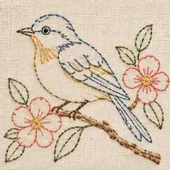 A bluebird on a flowering branch in the Outline Stitch embroidery style