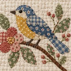 A bluebird on a flowering branch in the Vintage Quilt embroidery style