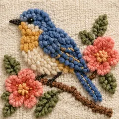 A bluebird on a flowering branch in the Wool Relief embroidery style