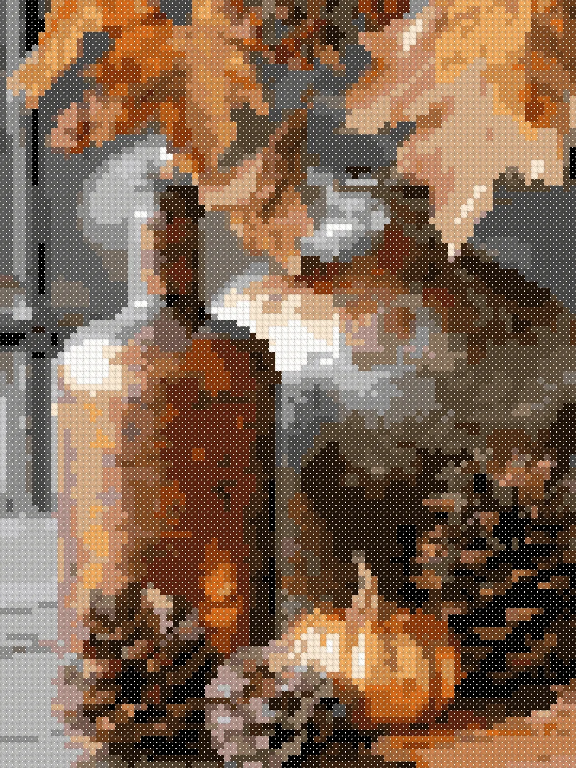 Autumn Still Life cross stitch pattern, stitched preview on Aida