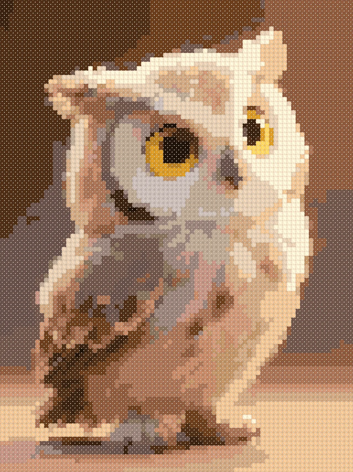 Baby Owl cross stitch pattern, stitched preview on Aida