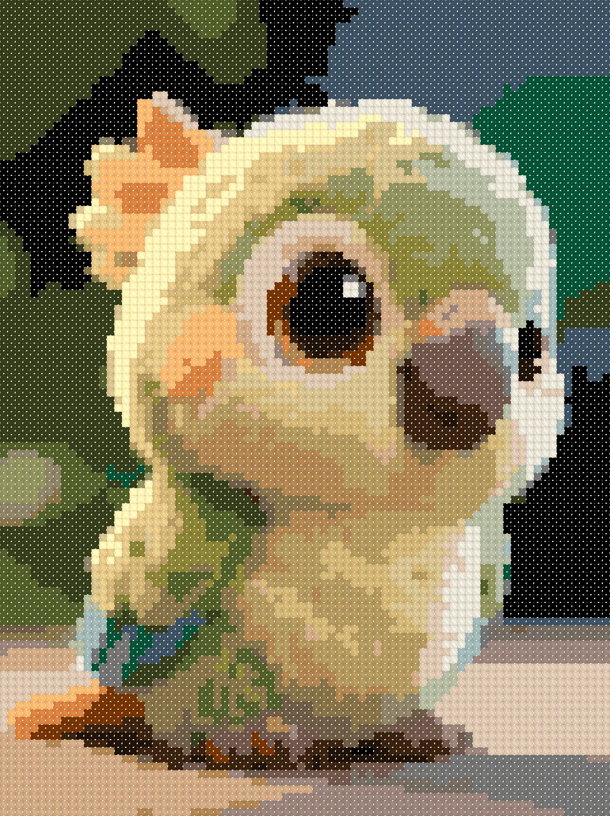 Baby Parrot cross stitch pattern, stitched preview on Aida