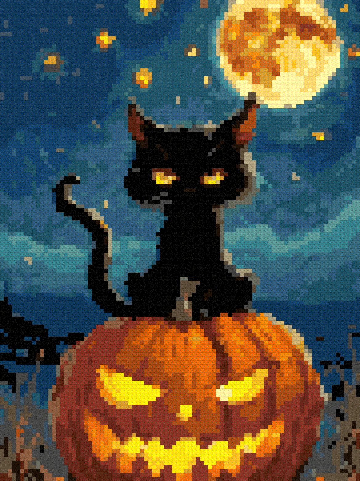 Black Cat on a Pumpkin cross stitch pattern, stitched preview on Aida