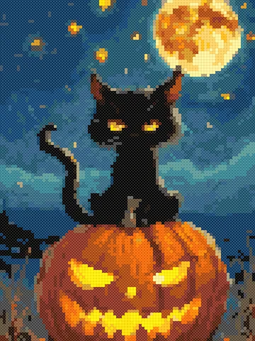 Black Cat on a Pumpkin cross stitch pattern, stitched preview