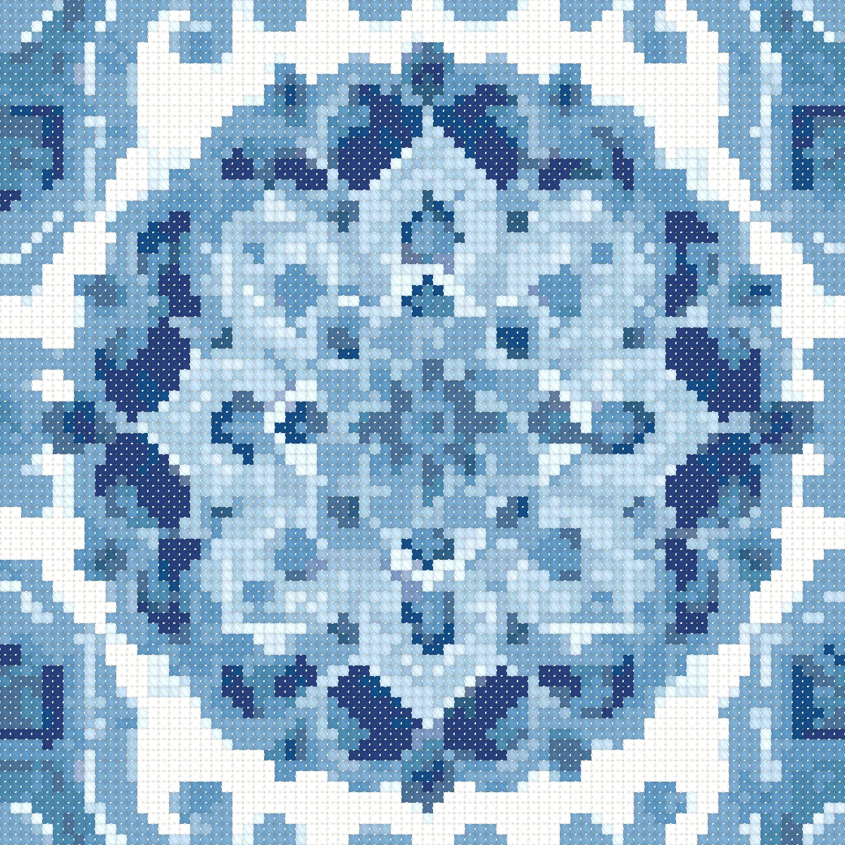 Blue and White Mandala cross stitch pattern, stitched preview on Aida