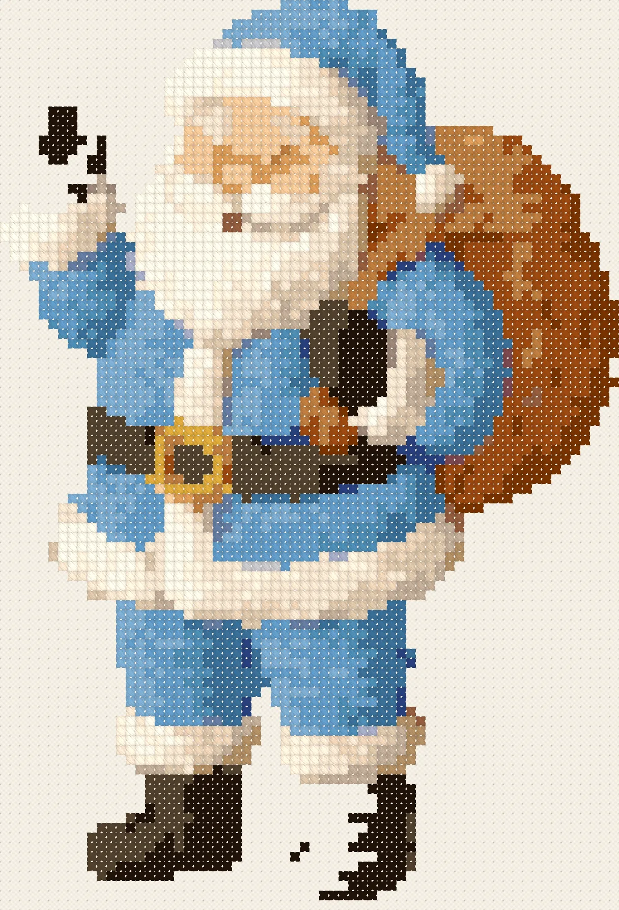 Frosty Blue Santa cross stitch pattern, stitched preview on Aida