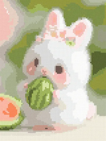 Bunny with Watermelon cross stitch pattern, stitched preview