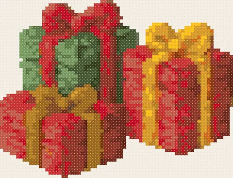 Christmas Gifts cross stitch pattern, stitched preview