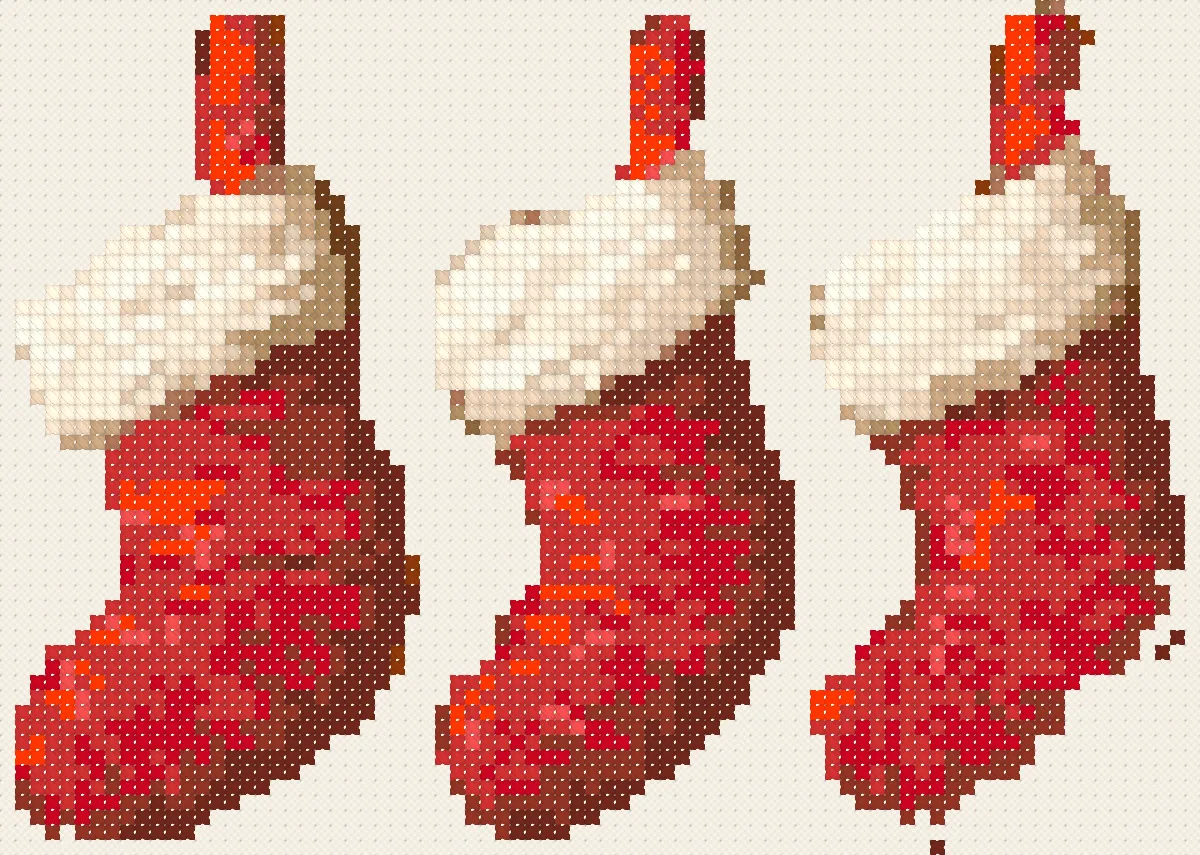 Christmas Stockings cross stitch pattern, stitched preview on Aida