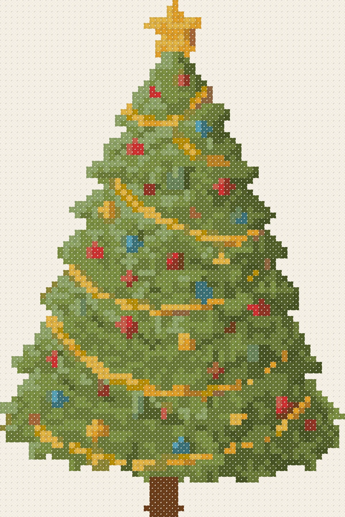 Christmas Tree cross stitch pattern, stitched preview on Aida