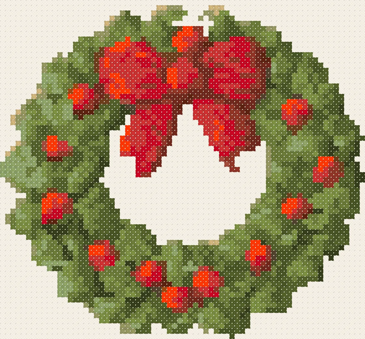 Christmas Wreath cross stitch pattern, stitched preview on Aida