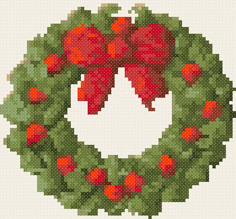 Christmas Wreath cross stitch pattern, stitched preview