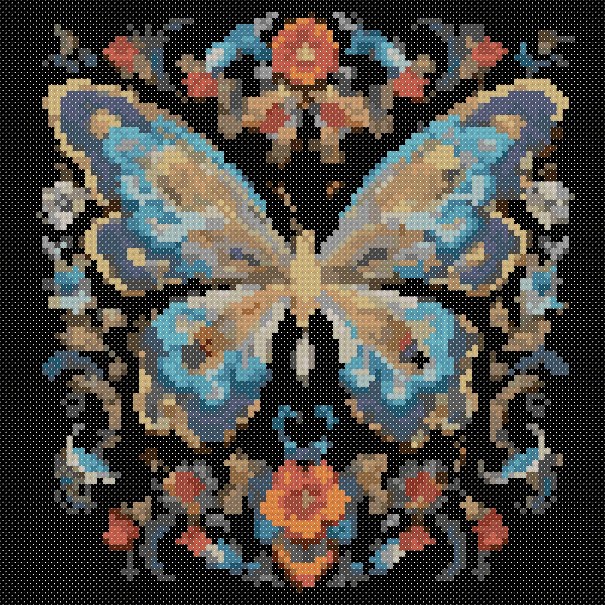 Folk Art Butterfly cross stitch pattern, stitched preview on Aida