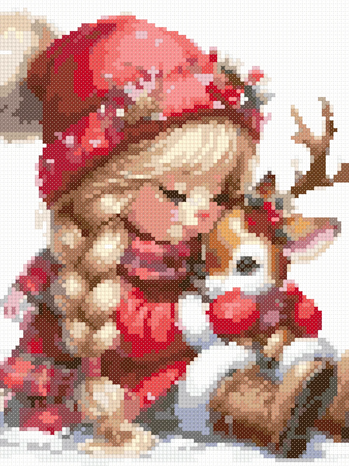 Girl and Reindeer cross stitch pattern, stitched preview on Aida