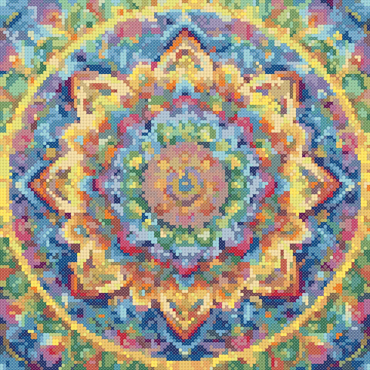 Golden Sun Mandala cross stitch pattern, stitched preview on Aida