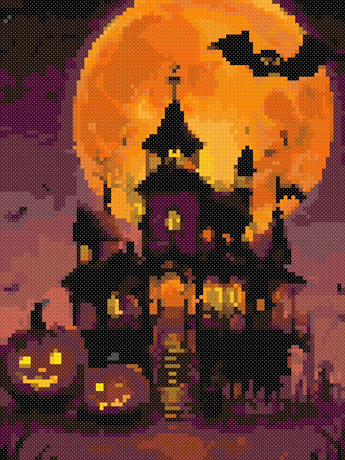 Gothic Castle and Full Moon cross stitch pattern, stitched preview on Aida