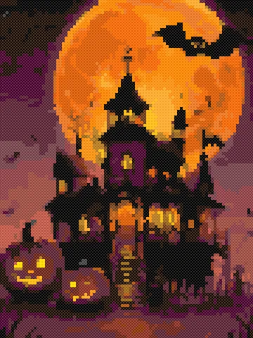 Gothic Castle and Full Moon cross stitch pattern, stitched preview