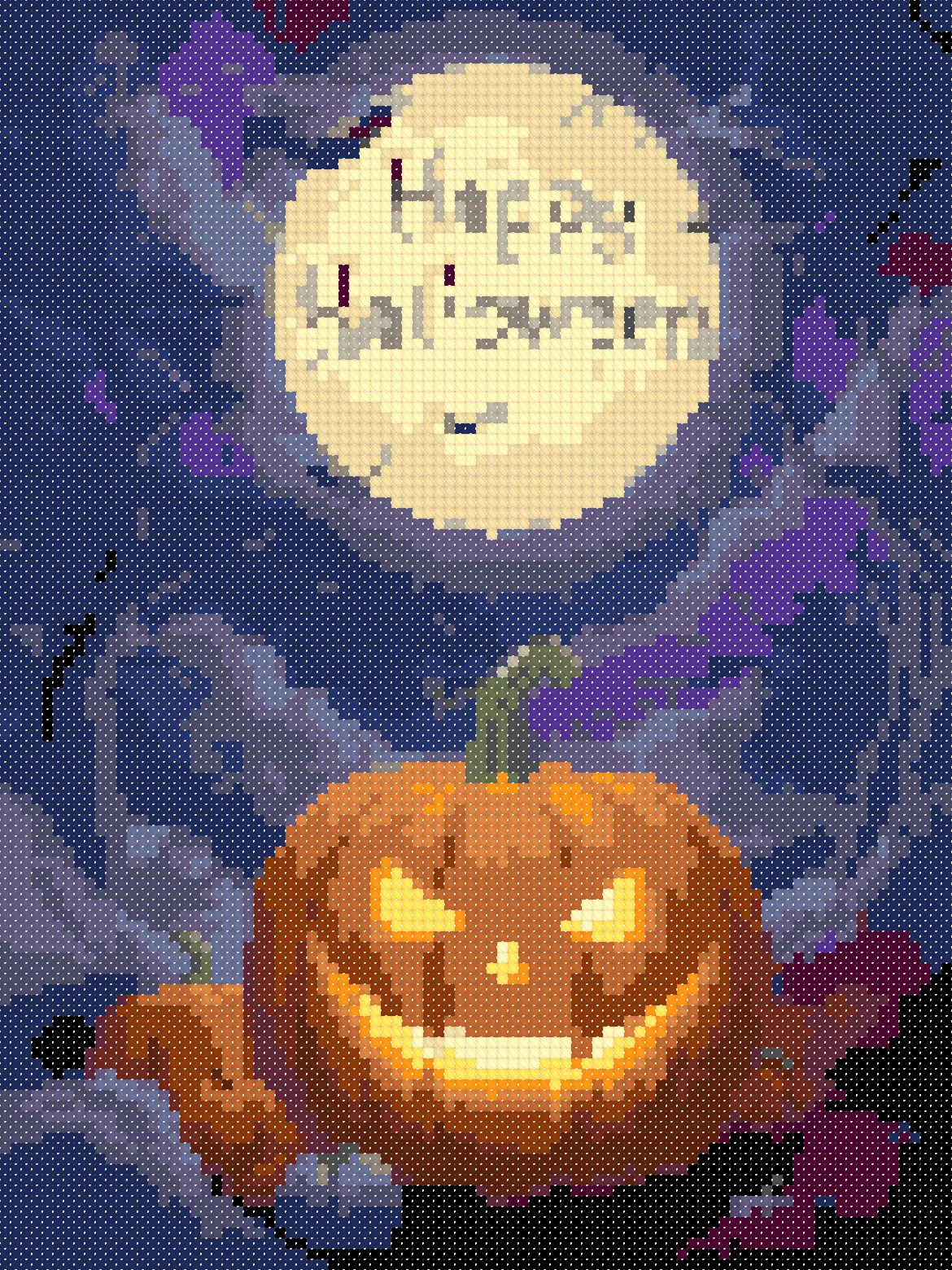 Happy Halloween Pumpkin cross stitch pattern, stitched preview on Aida