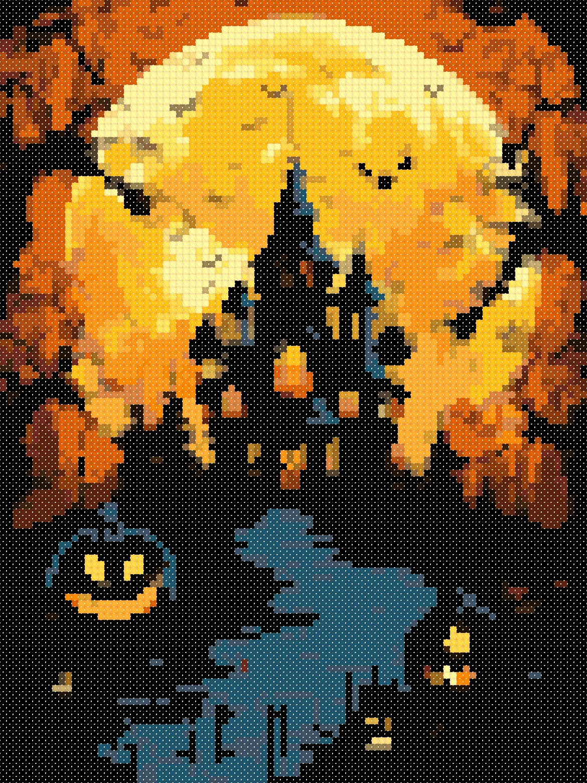 Haunted Castle cross stitch pattern, stitched preview on Aida