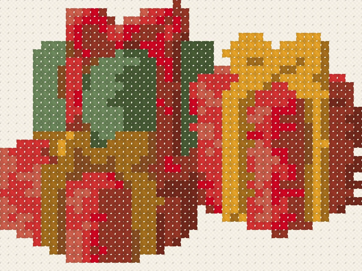 Little Christmas Gifts cross stitch pattern, stitched preview on Aida