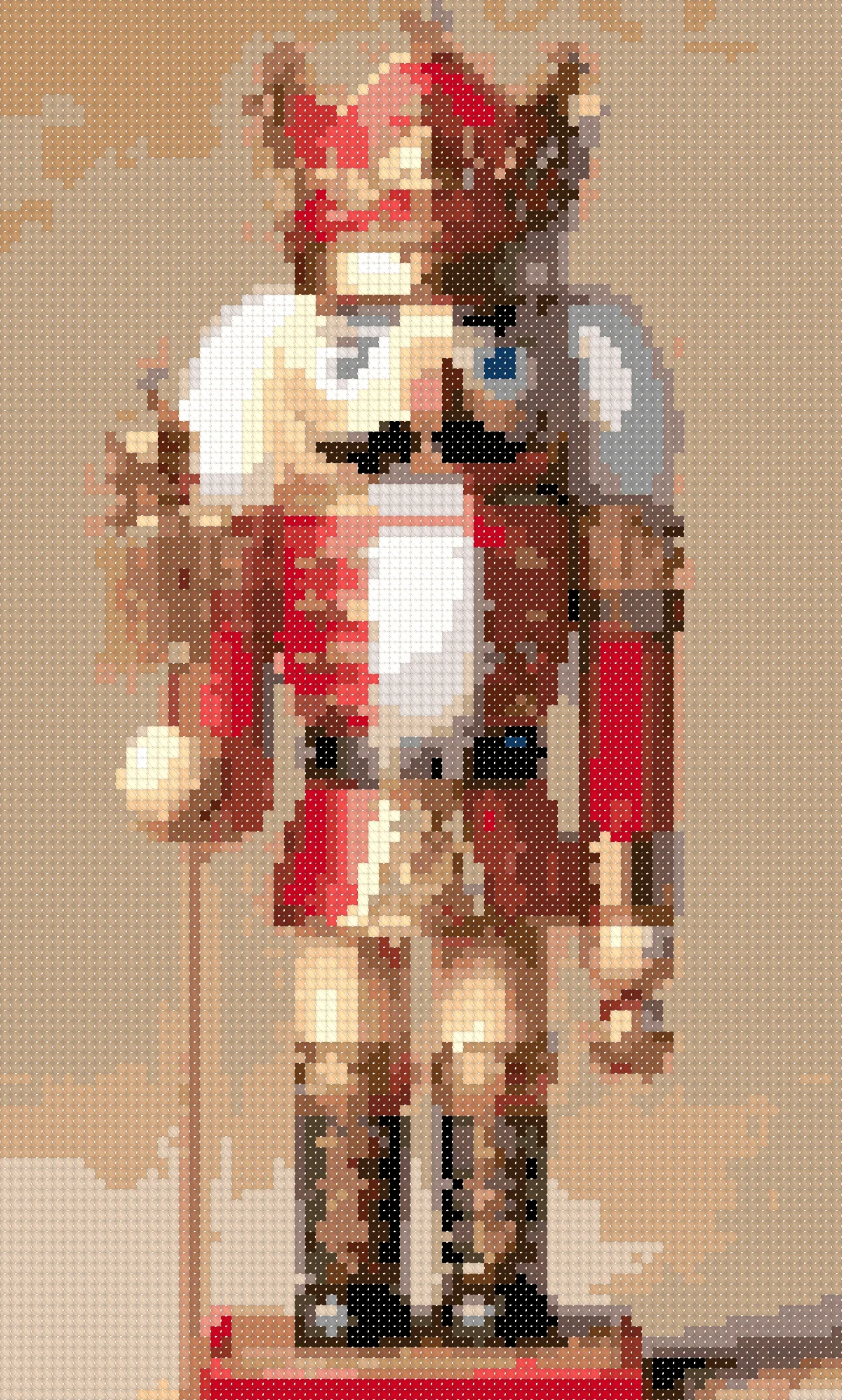 Nutcracker cross stitch pattern, stitched preview on Aida