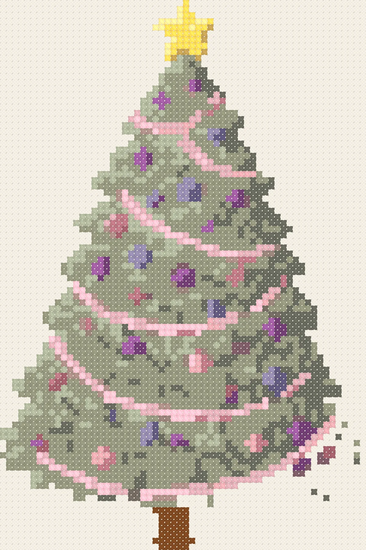 Pink Christmas Tree cross stitch pattern, stitched preview on Aida