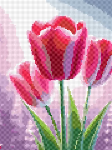 Pink Tulips cross stitch pattern, stitched preview