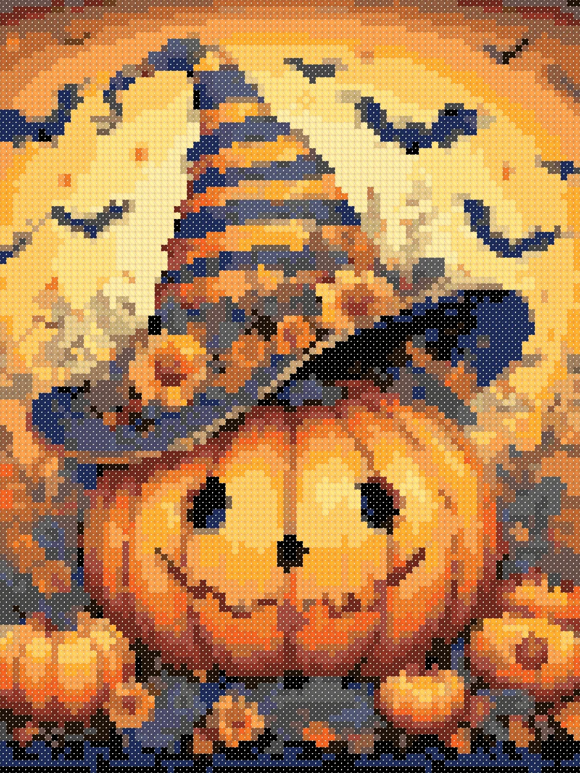 Pumpkin in a Witch Hat cross stitch pattern, stitched preview on Aida