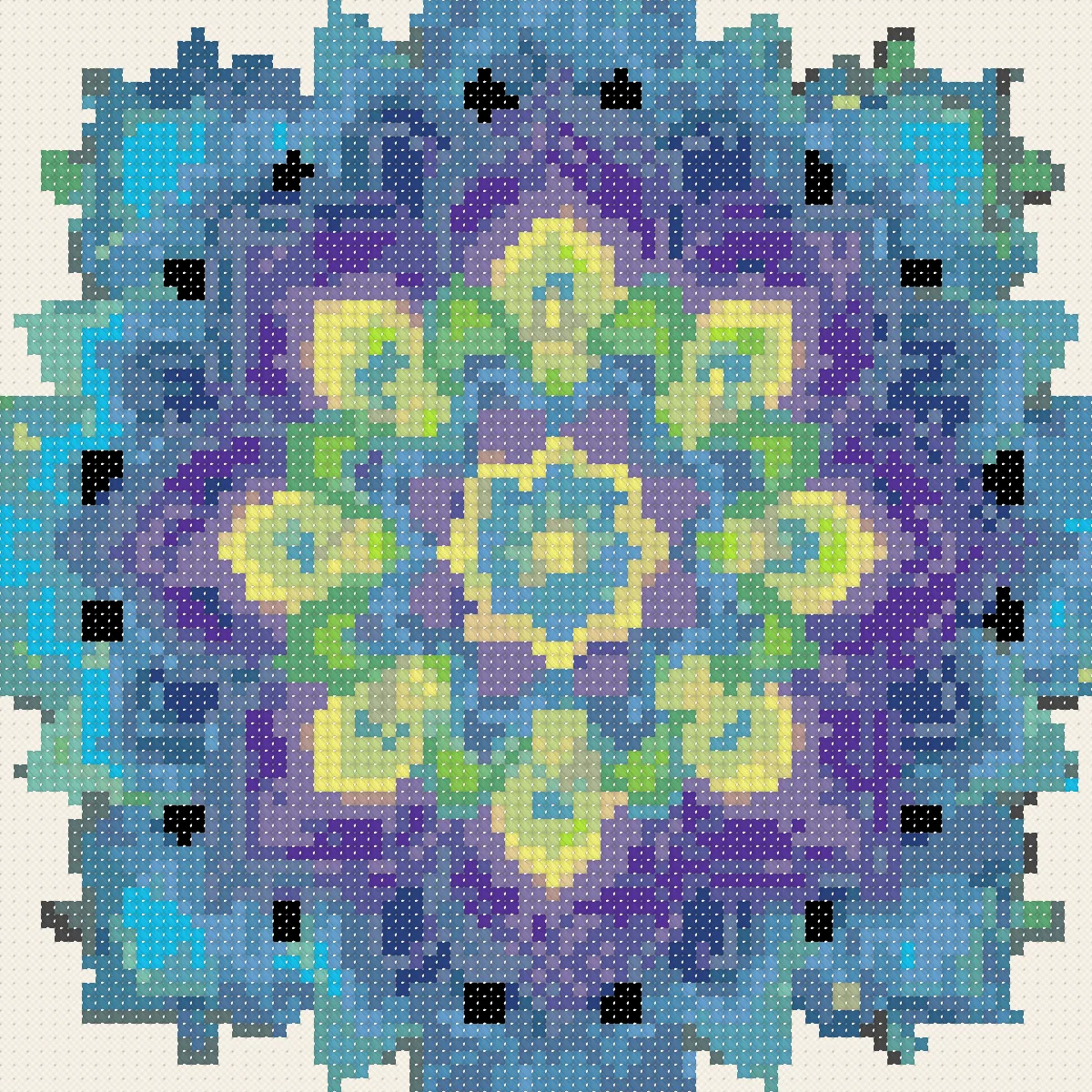 Rainbow Mandala cross stitch pattern, stitched preview on Aida