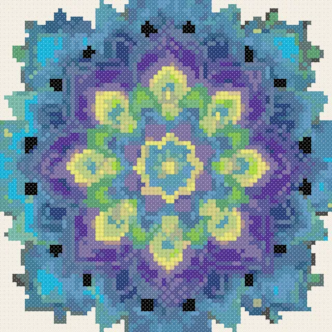 Rainbow Mandala cross stitch pattern, stitched preview