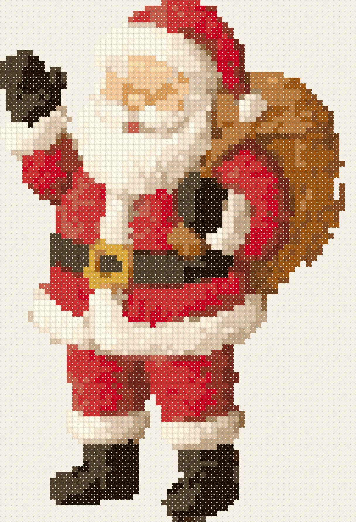 Santa Claus cross stitch pattern, stitched preview on Aida