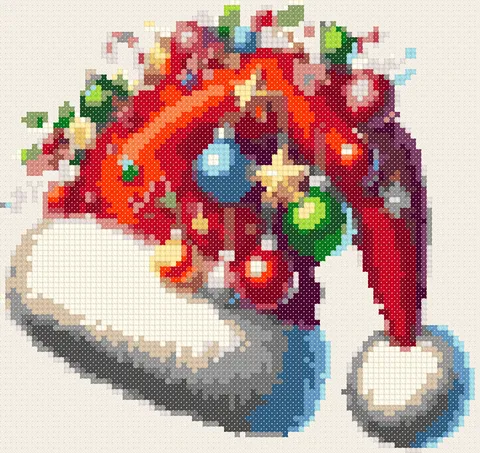 Santa Hat with Ornaments cross stitch pattern, stitched preview