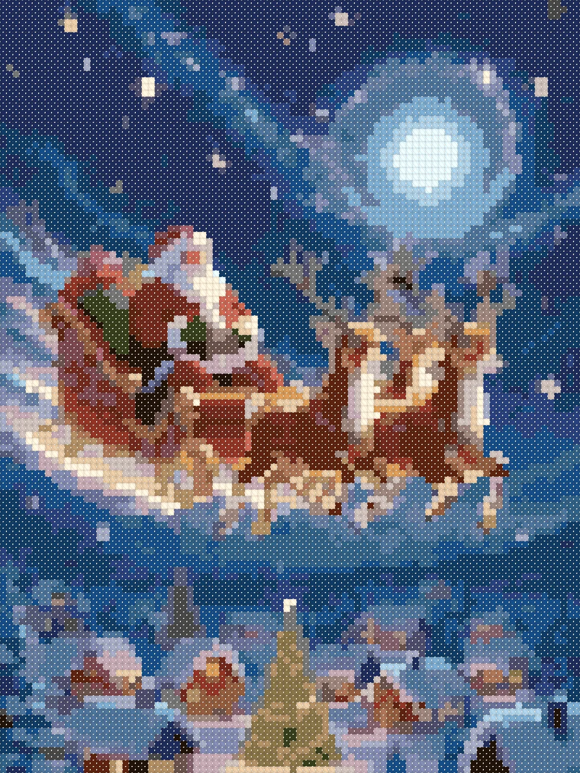 Santa's Sleigh at Night cross stitch pattern, stitched preview on Aida