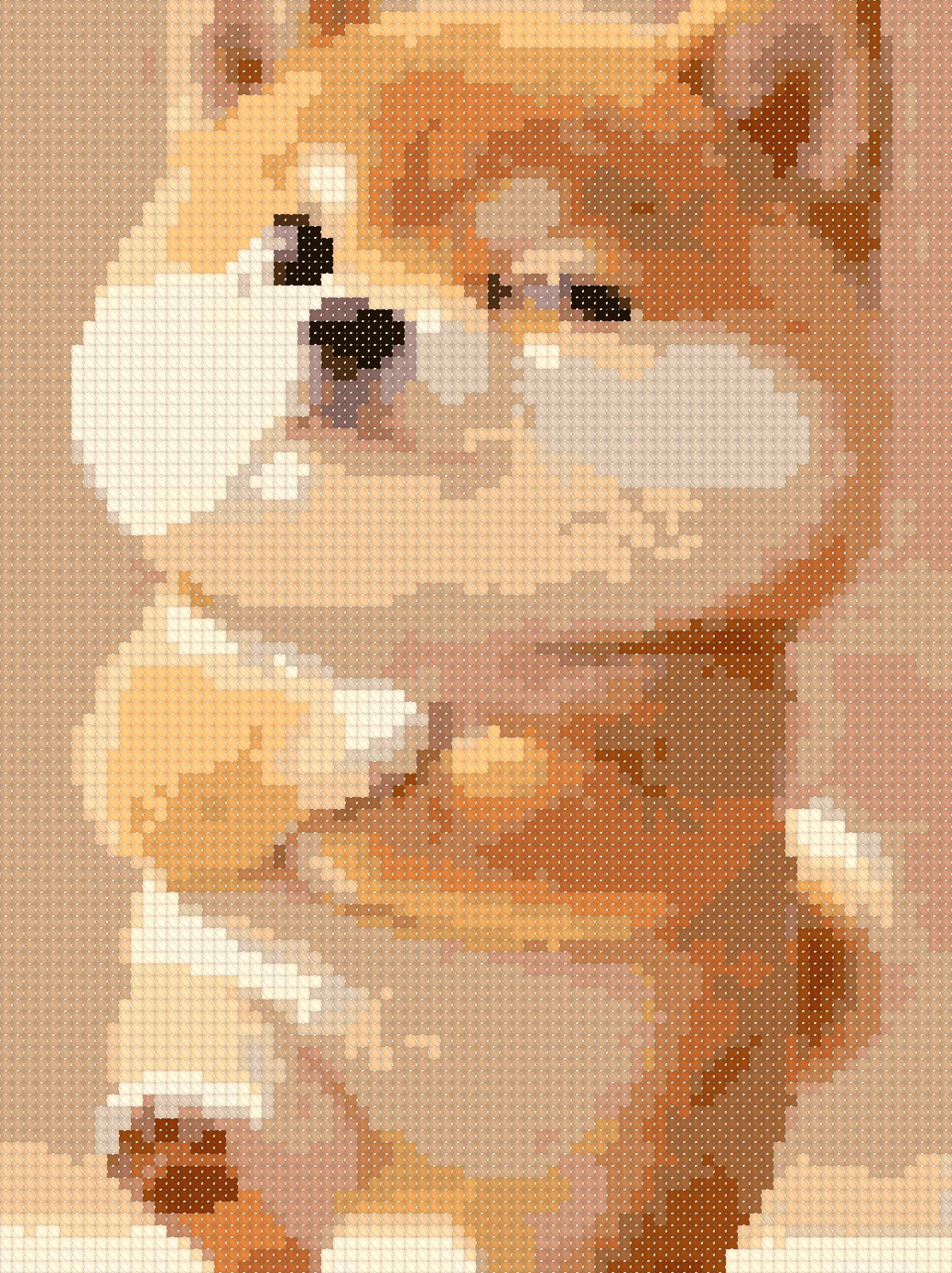 Shiba Puppy cross stitch pattern, stitched preview on Aida