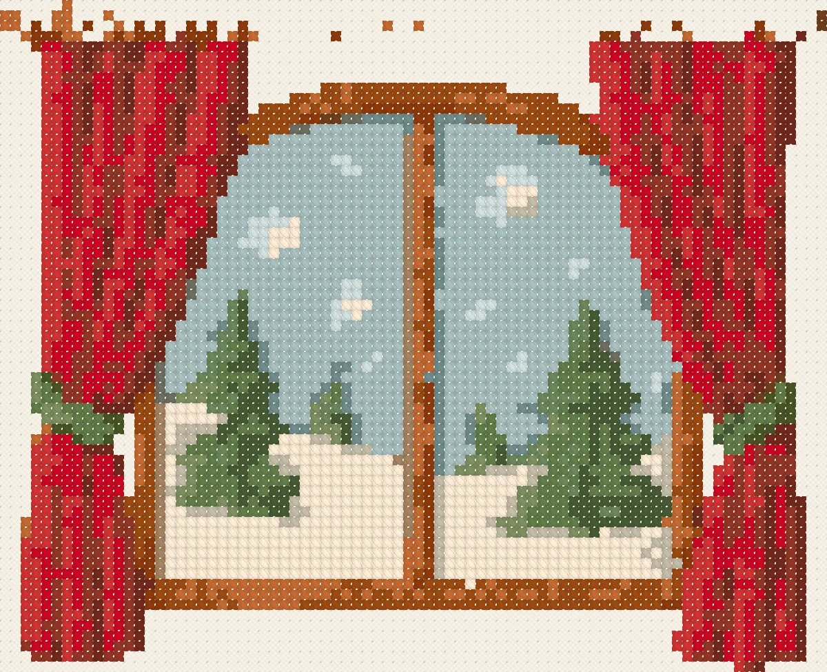 Snowy Window cross stitch pattern, stitched preview on Aida
